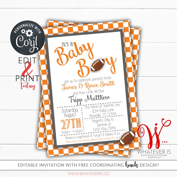 Bewerkbare voetbal babyshower uitnodiging | Sportbabyshower | Babyshower universiteitsvoetbal | Tennessee babyshower | Vrijwilligers | Vols