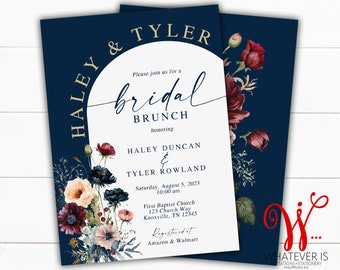 Moody Floral Bridal Brunch Shower Invitations | Navy Bohemian Floral Bridal Shower Invitation | Navy and Maroon Floral Bridal Shower