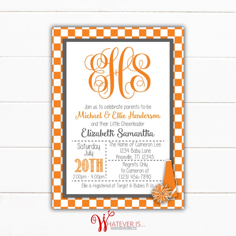 Cheerleading Baby Shower Invitation Orange and White Cheerleading Monogram Baby Shower Invitation Tennessee Cheerleading Vols image 3