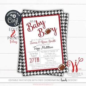 Editable Houndstooth and Crimson Sports Baby Shower Invitation | Football Baby Shower | College Football | Football Tailgate Baby Shower