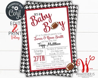 Editable Houndstooth and Crimson Sports Baby Shower Invitation | Football Baby Shower | College Football | Football Tailgate Baby Shower