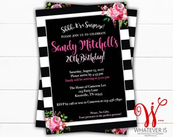 Black White and Pink Birthday Invitation | Surprise Birthday Invitation | Adult Birthday | Teenage Girl Birthday | Shabby Chic | Pink Floral