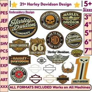 May include: A collection of Harley-Davidson embroidery designs featuring various logos, shields, and emblems in black, orange, and white. The image displays text including 21+ Harley Davidson Design, Embroidery Design, 5+ Sizes, and 3, 4, 5, 6, 7 inches.