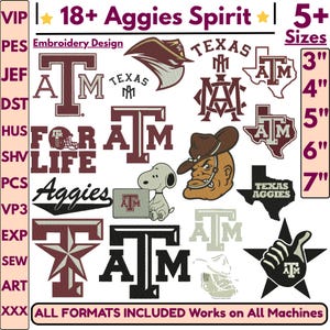 Peut inclure: Une collection de motifs de broderie numérique avec des logos Texas A&M, incluant le monogramme ATM, une mascotte, un chien de dessin animé, l'État du Texas et le texte Aggies. 18 motifs en 5 tailles de 7,6 à 17,8 cm pour diverses machines.