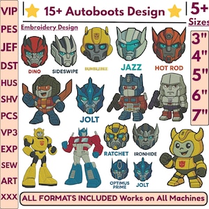 Puede incluir: Una colección de diseños de bordado digital con más de 15 cabezas y figuras completas de personajes de Transformers, incluidos Bumblebee, Optimus Prime y Megatron. La imagen muestra etiquetas de texto para cada personaje, formatos y tamaños de 3 a 7 pulgadas.
