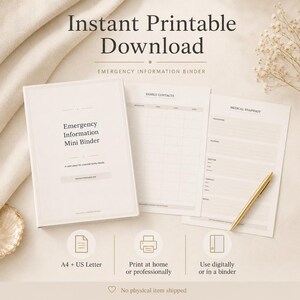 Emergency Information Binder, Medical Info Planner, Family Contacts, Important Documents, Just in Case Printable PDF