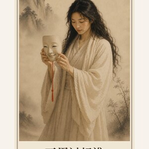 May include: A poster featuring a person with long dark hair wearing a cream-coloured robe, holding a white mask with a red tassel. The text 'XXIII' appears in the top left, and the Chinese characters '不用讨好谁' with 'No Need to Please' below.