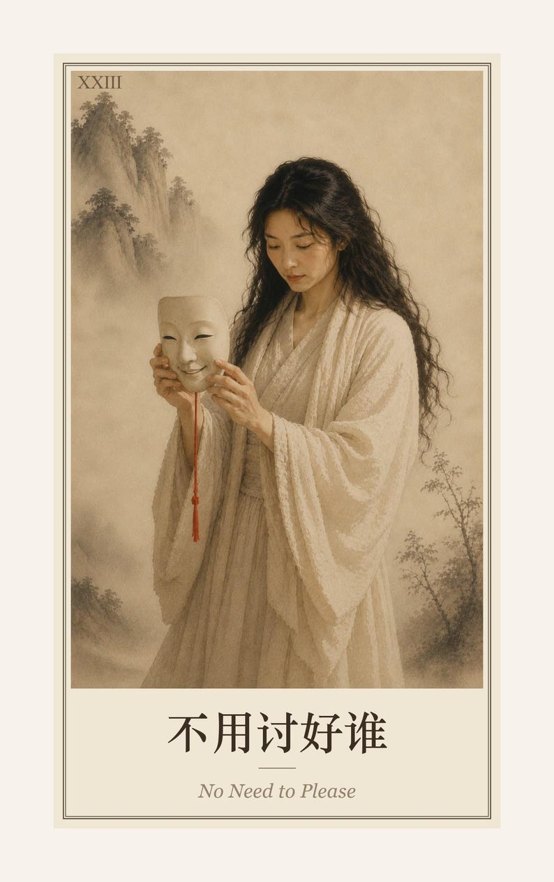 May include: A poster featuring a person with long dark hair wearing a cream-coloured robe, holding a white mask with a red tassel. The text 'XXIII' appears in the top left, and the Chinese characters '不用讨好谁' with 'No Need to Please' below.