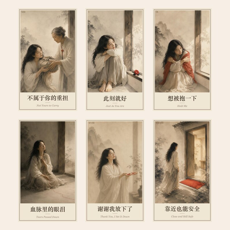 May include: A set of six rectangular cards featuring muted, sepia-toned illustrations of a person in flowing white clothing. Each card displays Chinese characters and English text, including phrases like Not Yours to Carry, Just As You Are, Hold Me, Tears Passed Down, Thank You, I Set It Down, and Close and Still Safe.