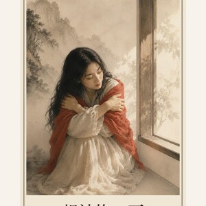 May include: A rectangular print featuring a muted illustration of a person with long dark hair wearing a light-coloured dress and a red shawl, sitting by a window. The Roman numeral IX is in the top left corner. Text reads: 想被抱一下 and Hold Me.