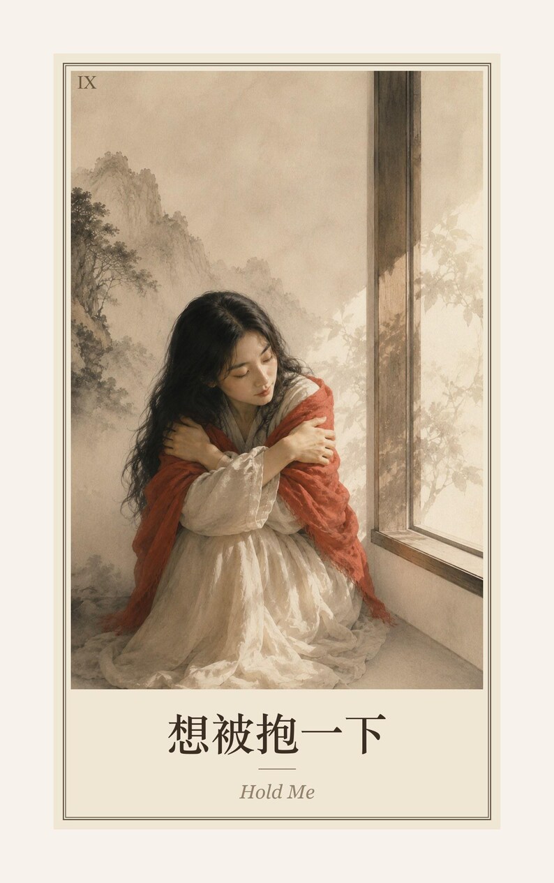 May include: A rectangular print featuring a muted illustration of a person with long dark hair wearing a light-coloured dress and a red shawl, sitting by a window. The Roman numeral IX is in the top left corner. Text reads: 想被抱一下 and Hold Me.