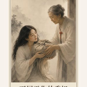 May include: A rectangular tarot card labelled XIII featuring an illustration of an older person in a white robe handing a wrapped bundle to a younger person with long dark hair. The card includes the Chinese text 不属于你的重担 and the English text Not Yours to Carry.