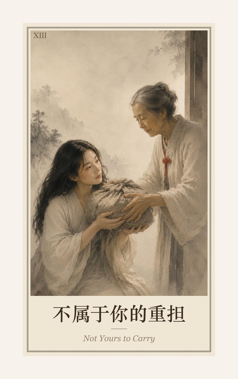 May include: A rectangular tarot card labelled XIII featuring an illustration of an older person in a white robe handing a wrapped bundle to a younger person with long dark hair. The card includes the Chinese text 不属于你的重担 and the English text Not Yours to Carry.