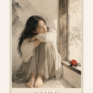 May include: A vertical rectangular print featuring a person with long dark hair sitting by a window, wearing a light-coloured long-sleeved top and a flowing skirt. A single red flower rests on the windowsill. The text reads "此刻就好" and "Just As You Are".