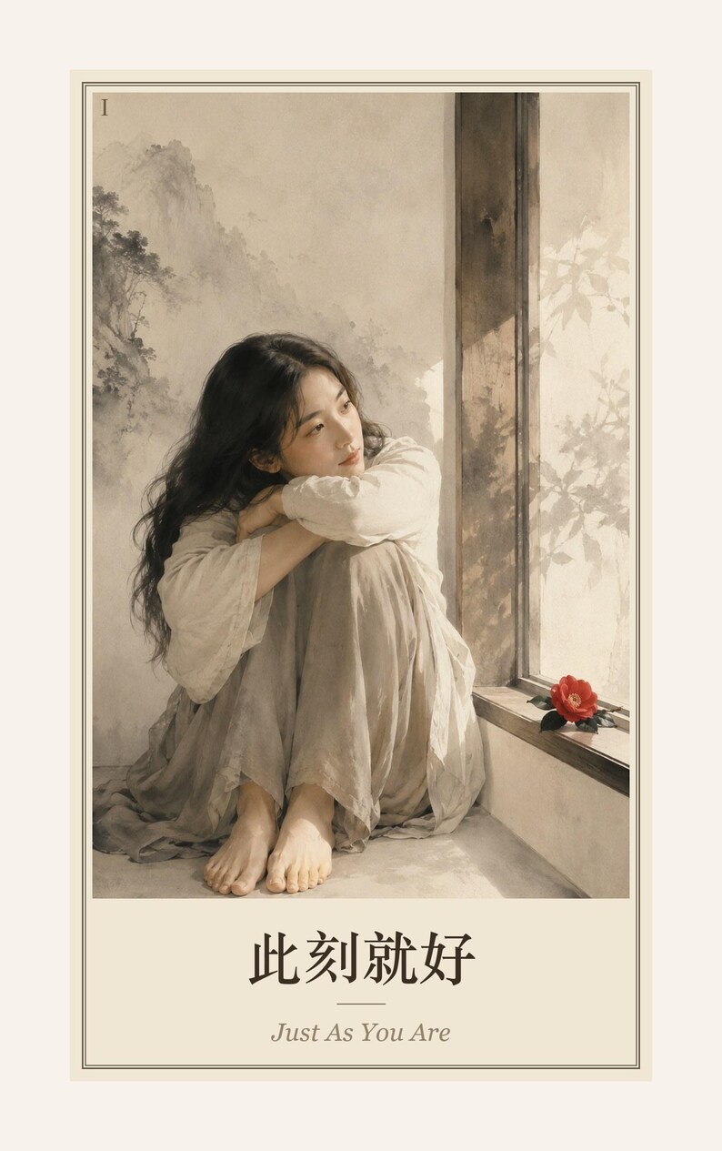 May include: A vertical rectangular print featuring a person with long dark hair sitting by a window, wearing a light-coloured long-sleeved top and a flowing skirt. A single red flower rests on the windowsill. The text reads "此刻就好" and "Just As You Are".