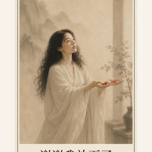 May include: A vertical poster featuring a person with long dark hair wearing a flowing white robe, holding small red items in their hands. The background shows a muted landscape painting. Text reads XVIII, 谢谢我放下了, and Thank You, I Set It Down.