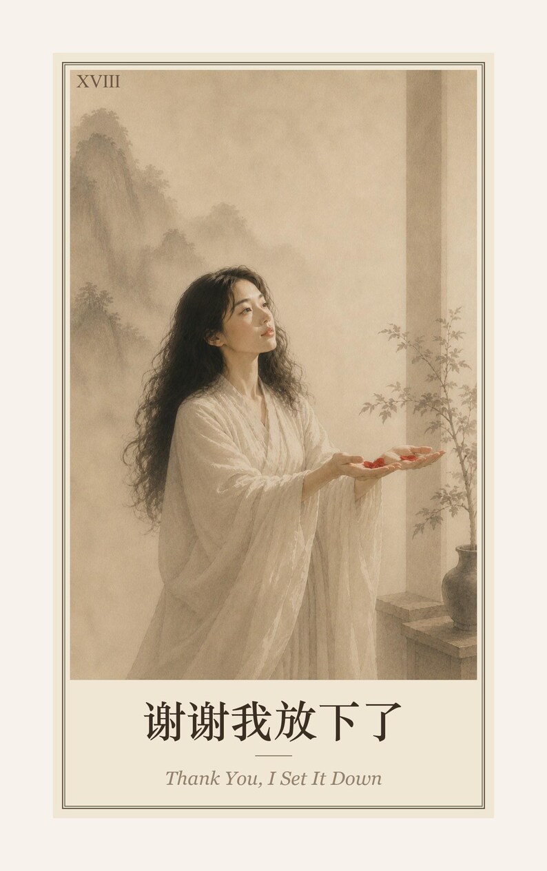 May include: A vertical poster featuring a person with long dark hair wearing a flowing white robe, holding small red items in their hands. The background shows a muted landscape painting. Text reads XVIII, 谢谢我放下了, and Thank You, I Set It Down.