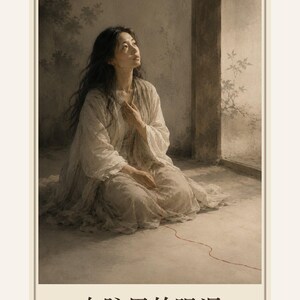 May include: A framed print featuring a person with long dark hair wearing a light-coloured, flowing garment, kneeling while looking upward. A thin red thread extends from their hand across the floor. The text reads XIV, 血脉里的眼泪, and Tears Passed Down.