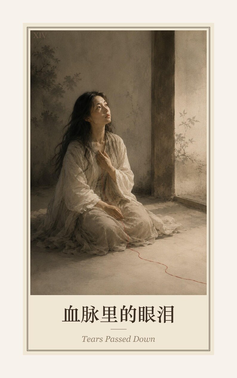 May include: A framed print featuring a person with long dark hair wearing a light-coloured, flowing garment, kneeling while looking upward. A thin red thread extends from their hand across the floor. The text reads XIV, 血脉里的眼泪, and Tears Passed Down.