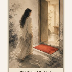 May include: A vertical art print featuring a person with long dark hair wearing a light-coloured flowing outfit standing before an open doorway. A bright red rectangular mat lies on the stone threshold. The text reads XXXIII, 靠近也能安全, and Close and Still Safe.