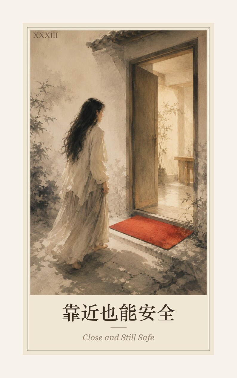 May include: A vertical art print featuring a person with long dark hair wearing a light-coloured flowing outfit standing before an open doorway. A bright red rectangular mat lies on the stone threshold. The text reads XXXIII, 靠近也能安全, and Close and Still Safe.