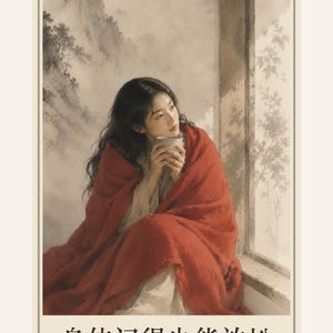 May include: A vertical art print featuring a person wrapped in a vibrant red blanket, holding a cup while looking out a window. The background shows a soft, ink-wash style mountain landscape. Text includes 'XXIX', '身体记得也能放松', and 'The Body Can Let Go'.