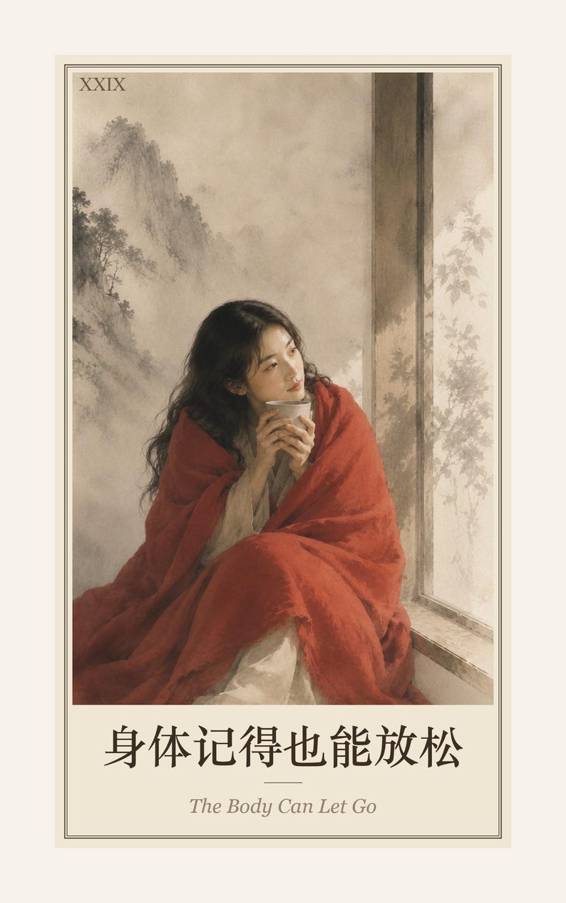 May include: A vertical art print featuring a person wrapped in a vibrant red blanket, holding a cup while looking out a window. The background shows a soft, ink-wash style mountain landscape. Text includes 'XXIX', '身体记得也能放松', and 'The Body Can Let Go'.