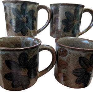Set of 4 Vintage Studio Pottery Mugs | Hand-Thrown Floral Stoneware Coffee Cups