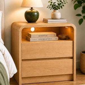Puede incluir: Una mesita de noche de madera clara con esquinas redondeadas, que cuenta con un estante superior abierto con iluminación integrada y dos cajones inferiores. El estante contiene dos libros titulados KINFOLK y LIVE BEAUTIFUL, un cuenco y una lámpara verde.