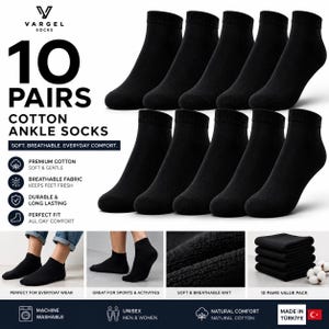 以下が含まれることがあります： Vargel Socksの黒いアンクルソックス10足セット。画像には、2列に並べられた靴下、ニットの質感のクローズアップ、折りたたまれた靴下の山が表示されています。テキストには「10 PAIRS COTTON ANKLE SOCKS」および「MADE IN TURKIYE」と記載されています。