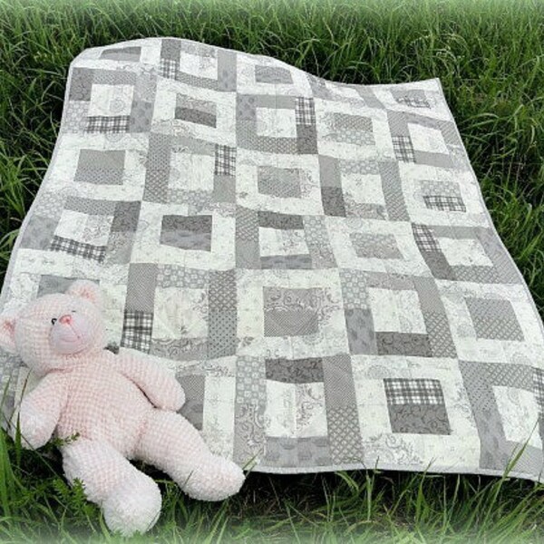 Gray and Cream Modern Baby Quilt, Ready To Ship