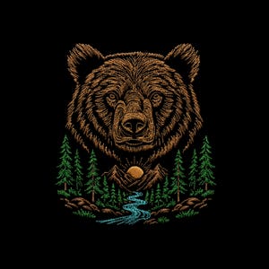 May include: An embroidered patch featuring a large brown bear head centred above a landscape of green pine trees, brown mountains, a yellow sun, and a winding blue river. The design is rendered in detailed thread work on a black background.
