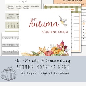 May include: A 32-page digital download titled My Autumn Morning Menu for early elementary students. The cover features a watercolor illustration of pumpkins, autumn leaves, and a bird, with additional educational worksheets visible behind it.