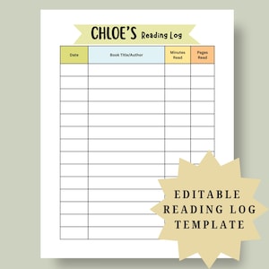Puede incluir: Una plantilla de registro de lectura imprimible con un encabezado que dice CHLOE'S Reading Log en una pancarta amarilla. La tabla incluye columnas para Date, Book Title/Author, Minutes Read y Pages Read, con un gráfico de estrella que dice EDITABLE READING LOG TEMPLATE.