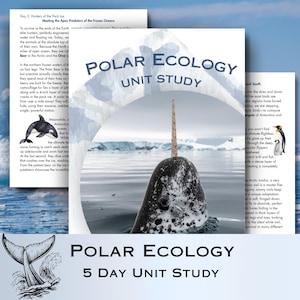 May include: A Polar Ecology Unit Study educational document featuring a narwhal surfacing in icy waters. The cover displays the title Polar Ecology Unit Study in dark blue text over a photograph of a narwhal tusk and head.