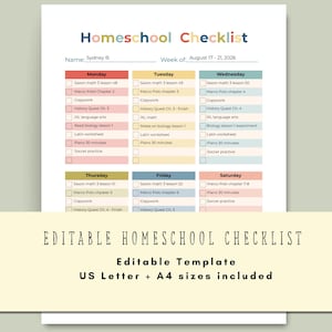 Puede incluir: Una plantilla de lista de verificación para educación en casa con un encabezado colorido y seis columnas diarias de lunes a sábado. Cada día presenta una lista de tareas con casillas de verificación, incluyendo materias como matemáticas, historia y latín para la semana del 17 al 21 de agosto de 2026.