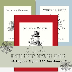 Puede incluir: Un paquete PDF digital titulado Winter Poetry Copywork que incluye 3 niveles y 30 páginas. El diseño presenta tres tarjetas rectangulares en verde oliva, azul claro y rojo, cada una con ilustraciones en tinta negra de pino, copo de nieve y muñeco.