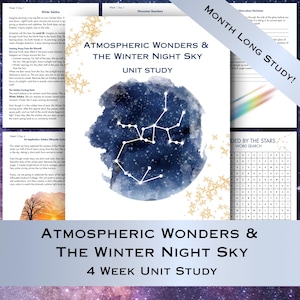 May include: A four-week unit study titled Atmospheric Wonders & The Winter Night Sky, featuring a central dark blue watercolor circle with a white star constellation, gold star accents, and multiple pages of educational text and activities.