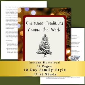 May include: A 34-page digital unit study titled Christmas Traditions Around the World, featuring a central card with a black and white pine tree illustration, surrounded by blurred golden bokeh lights and printed educational text pages.