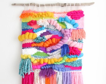 Custom Hand Woven Wall Tapestry: Colorful Fiber Art on Driftwood