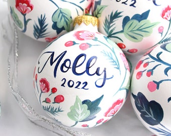 Custom Hand Painted Personalized Christmas Ornament - Ornament Keepsake - Custom Painted with Name, Florals and Greenery - Giftable Ornament