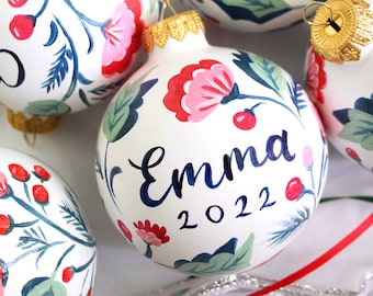Custom Hand Painted Personalized Christmas Ornament - Ornament Keepsake - Custom Painted with Name, Florals and Greenery - Giftable Ornament