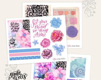 Bible Journaling Printables - Colossians 3:2 - Hand Lettered Clipart, Florals, Verses - Mixed-Media - Digital Download PDF - Set Your Mind