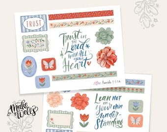 Bible Journaling Printables - Proverbs 3:5 - Hand Lettered Clipart, Florals, Verses - Folk Art - Digital Download PDF