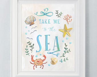 Breng me naar de zee - Makewells Fine Art Print - Decor kustmuur kunst - Oceaan Art Print - Krab, schelpen, koraal en zeester