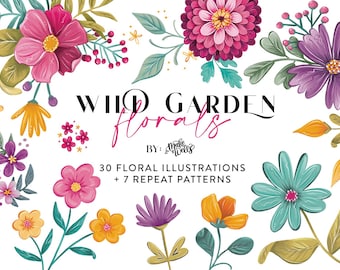 Wild Garden Florals Clipart + Repeat Patterns - Purple | 18 Floral PNG  | 10 Digital Papers | Junk Journal and Stationery Supplies