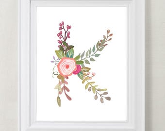 Bloemen letter K kunstafdruk - handgeschilderde kinderkamerdecoratie
