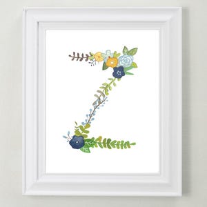 Z - impression d'art lettre florale - décoration de chambre de fille - décoration murale - initiale décorative - oeuvre d'art pour chambre de bébé ou d'enfant