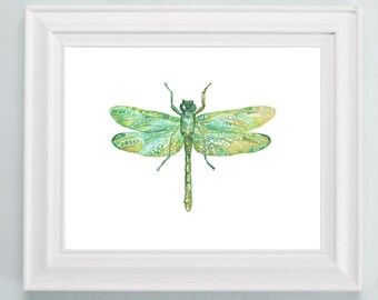Aquarel libelle kunstafdruk: groene insecten collage muurdecoratie
