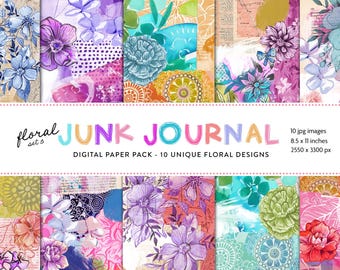 Hand Painted Floral Digital Paper Pack | Mixed Media Junk Journal Supplies (Digital Download)
